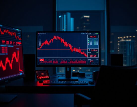 Trading desk monitors showing red Bitcoin and Ethereum liquidation charts during a market correction.