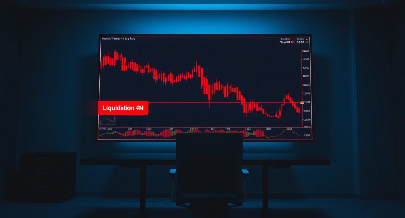 Digital trading screen showing a sharp red candlestick chart with a liquidation warning, representing market volatility.
