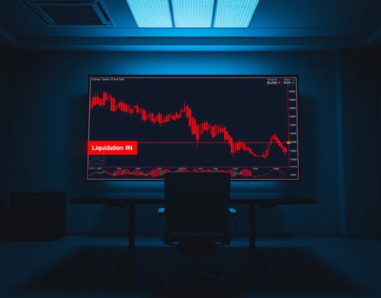 Digital trading screen showing a sharp red candlestick chart with a liquidation warning, representing market volatility.