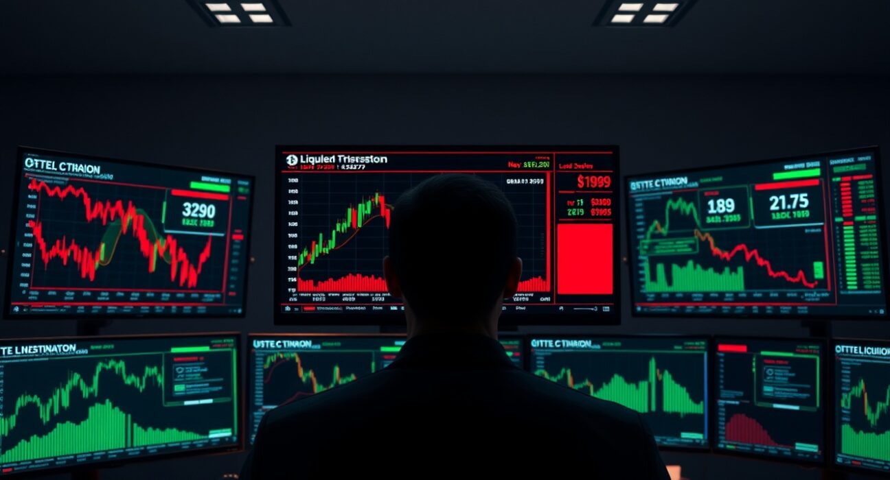 Trading monitors showing cryptocurrency liquidation data and charts in a professional trading environment.
