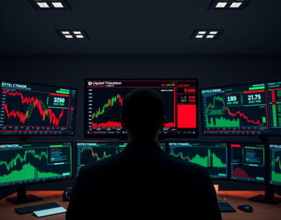 Trading monitors showing cryptocurrency liquidation data and charts in a professional trading environment.