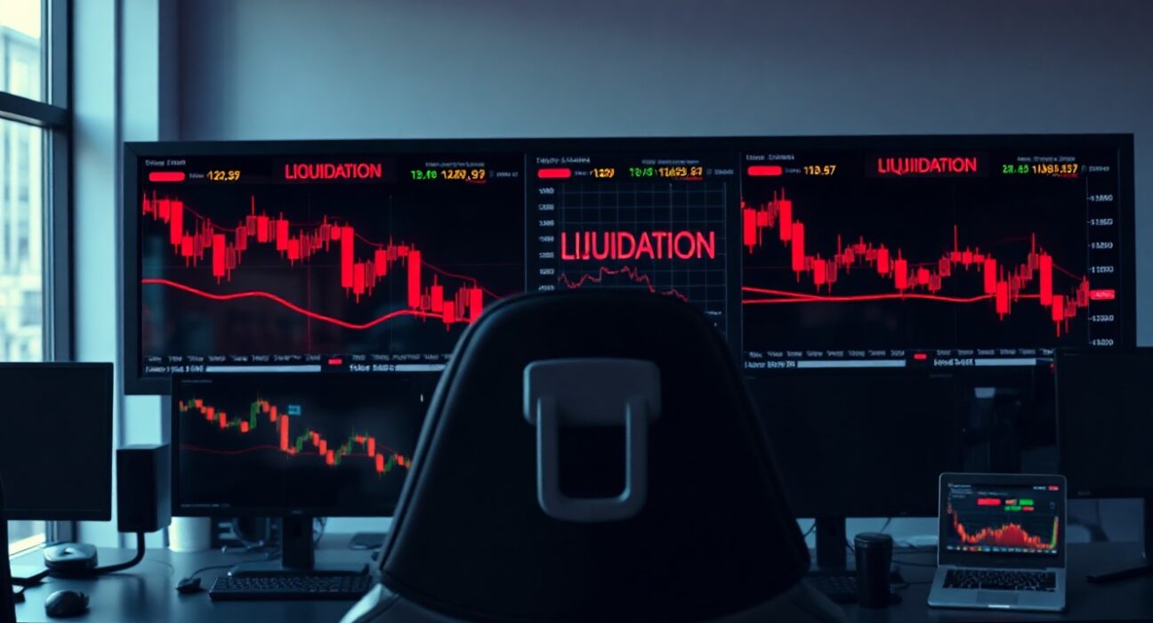 Trading desk monitors showing red candlestick charts and liquidation warnings after a market drop