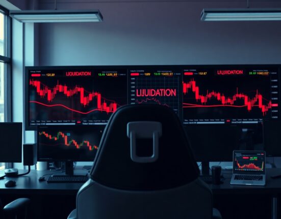 Trading desk monitors showing red candlestick charts and liquidation warnings after a market drop