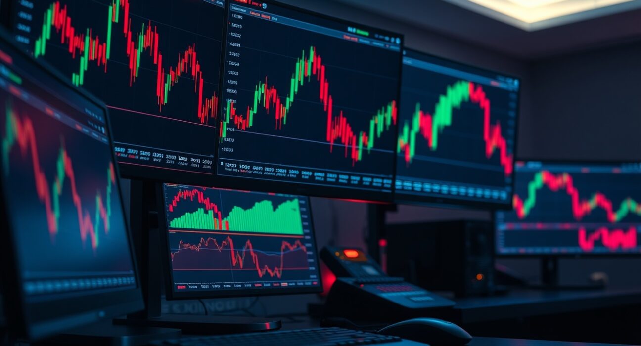 Crypto trading desk with monitors showing liquidation data and price charts