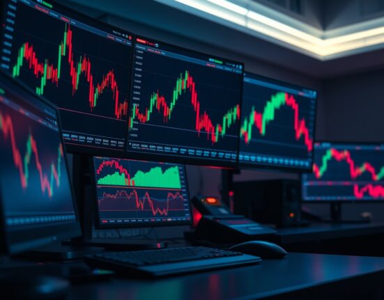 Crypto trading desk with monitors showing liquidation data and price charts