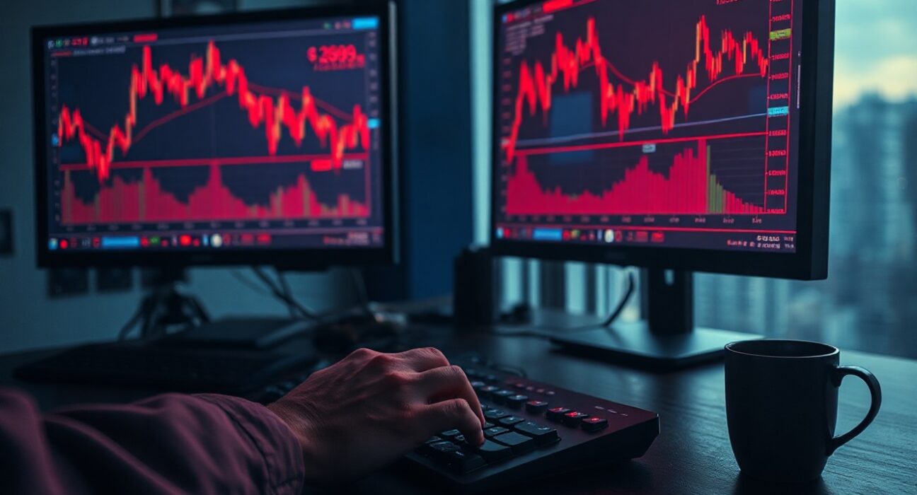 Dimly lit trading desk with red chart monitors showing falling crypto prices and liquidation data.
