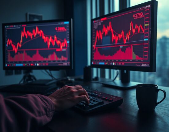 Dimly lit trading desk with red chart monitors showing falling crypto prices and liquidation data.