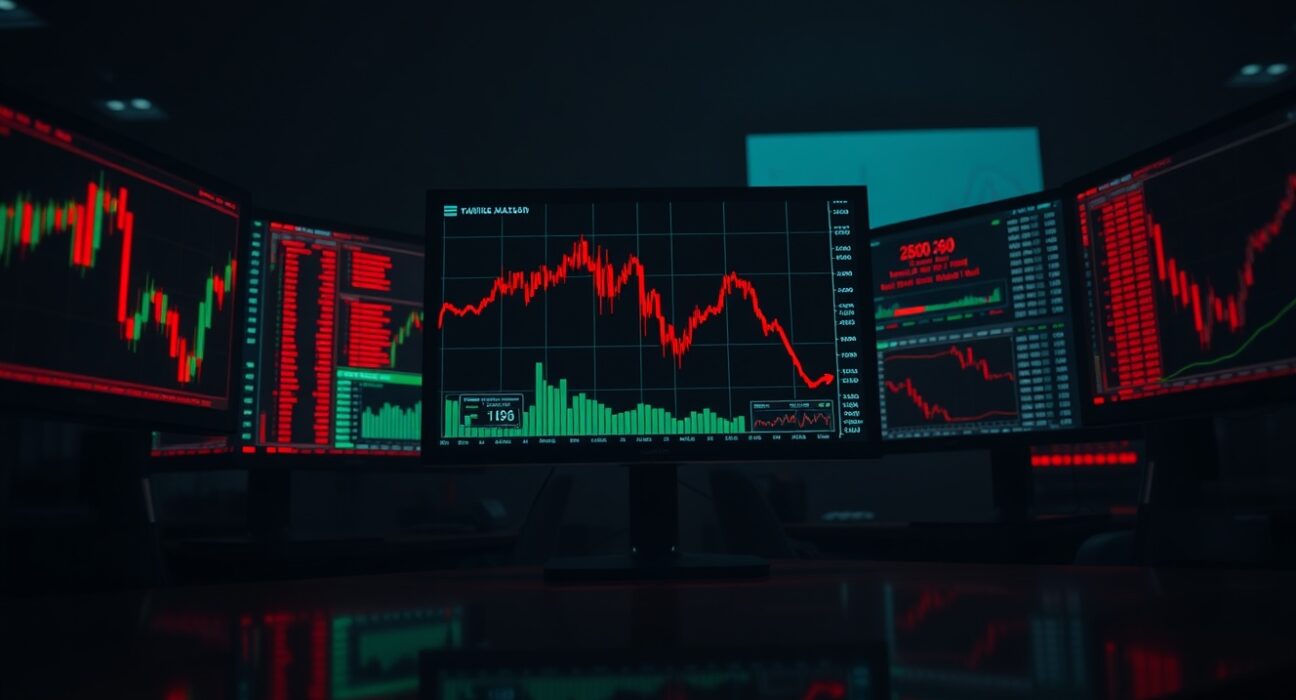 Trading desk monitors showing crypto liquidation data and red candlestick charts