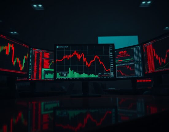 Trading desk monitors showing crypto liquidation data and red candlestick charts