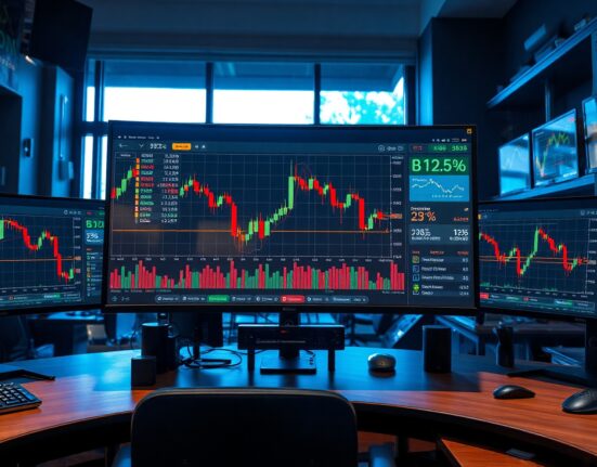 Financial trading desk monitors showing crypto chart with liquidation data