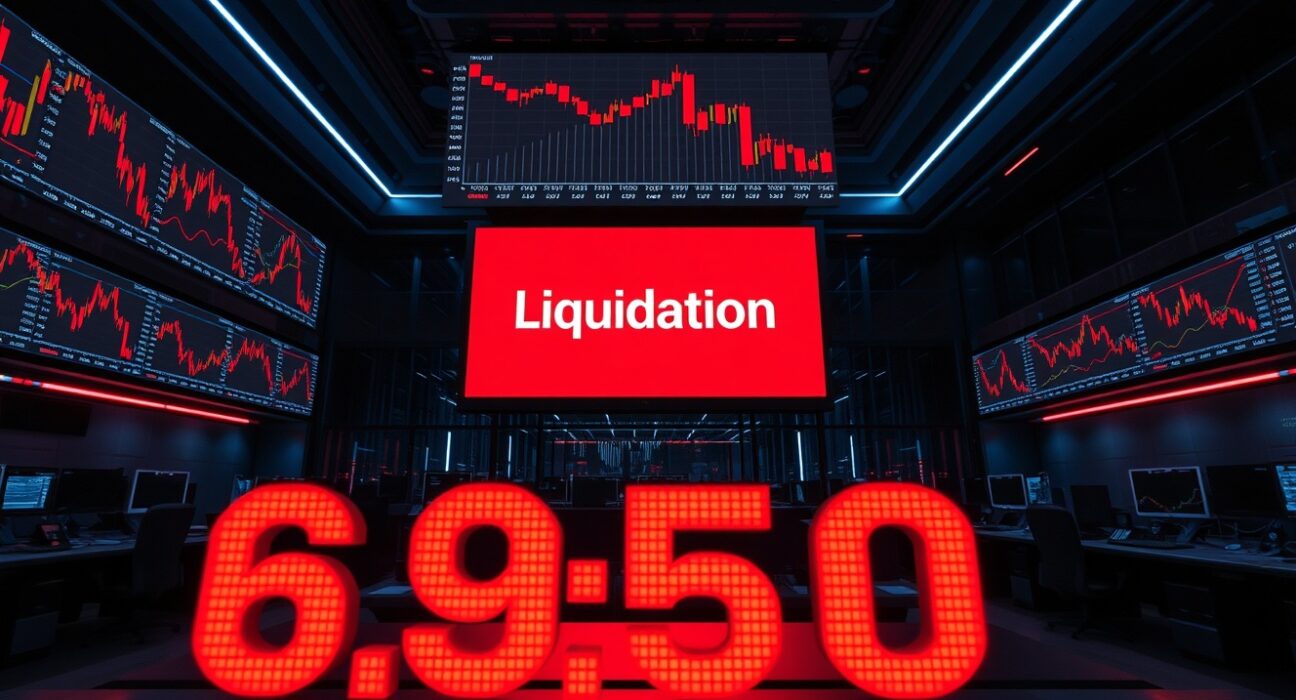 Trading floor screens showing red charts and a liquidation warning after $187 million in crypto futures were liquidated.