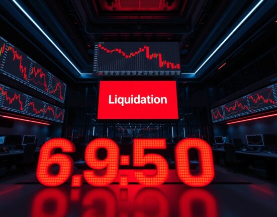 Trading floor screens showing red charts and a liquidation warning after $187 million in crypto futures were liquidated.