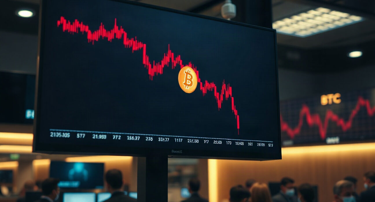 Bitcoin price chart showing sharp decline on a trading screen in a newsroom
