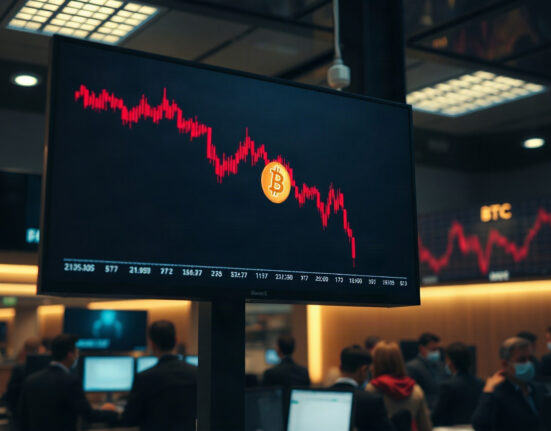 Bitcoin price chart showing sharp decline on a trading screen in a newsroom