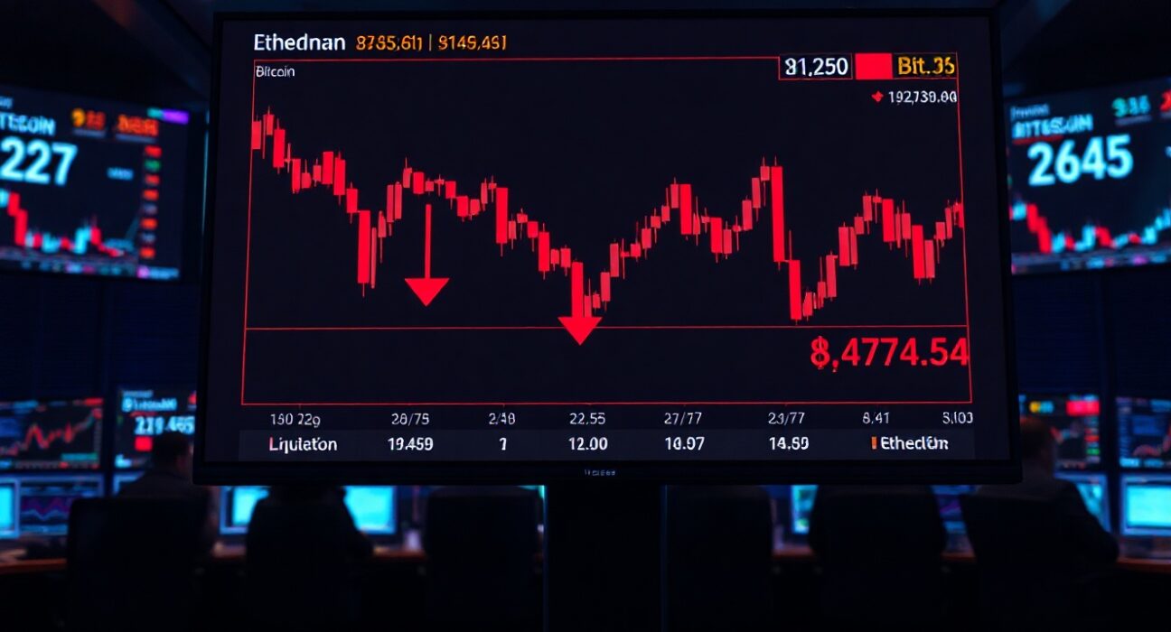 Trading screen showing crypto futures liquidation data with red candlestick charts