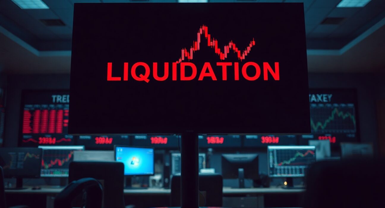 Trading screen showing liquidation data and red candlestick chart on a dimly lit trading floor
