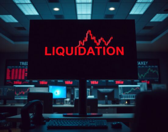 Trading screen showing liquidation data and red candlestick chart on a dimly lit trading floor