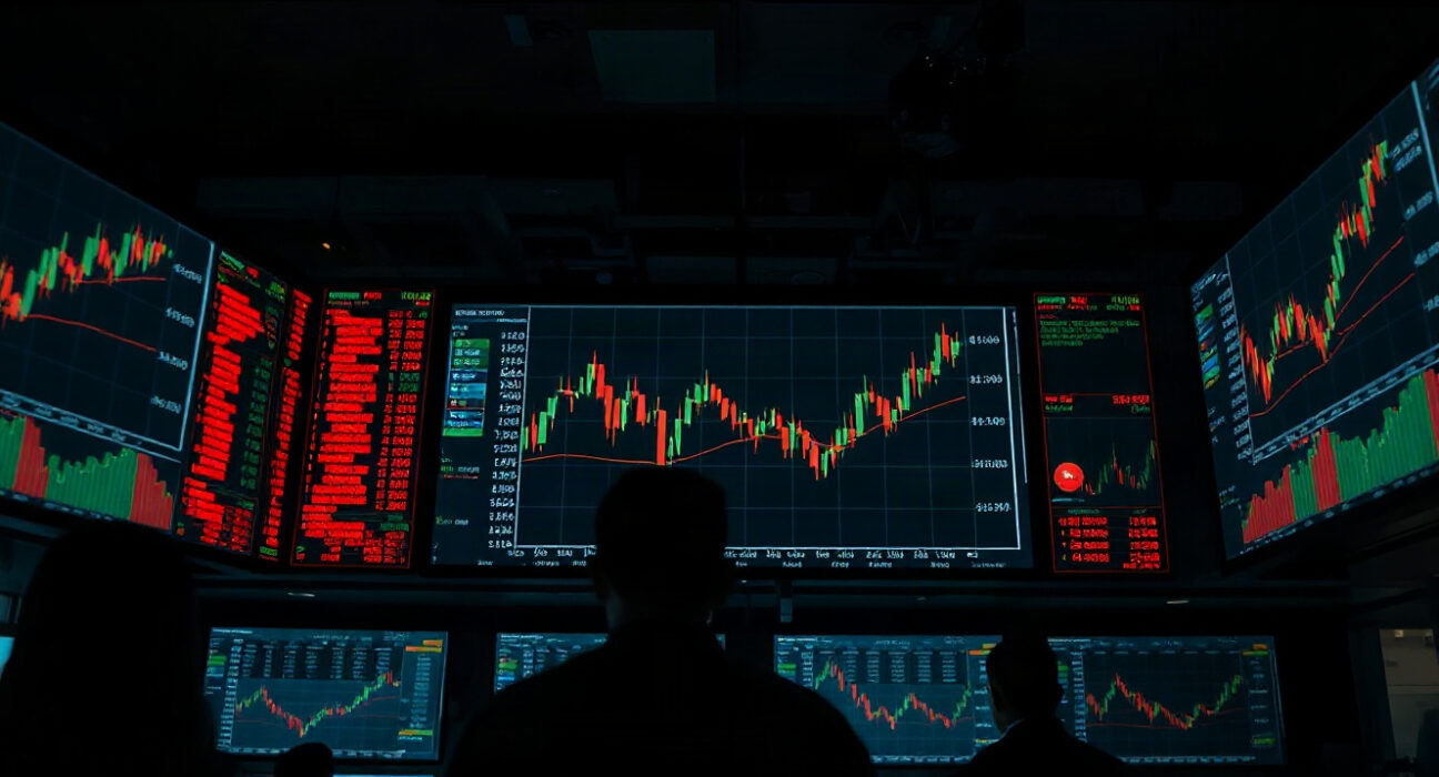 Trading screens showing sharp declines on cryptocurrency exchanges during a futures liquidation event.