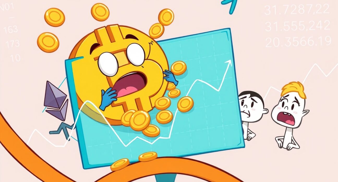 A vibrant cartoon illustrating the dramatic $222 million crypto futures liquidations event in the cryptocurrency market.