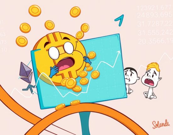 A vibrant cartoon illustrating the dramatic $222 million crypto futures liquidations event in the cryptocurrency market.