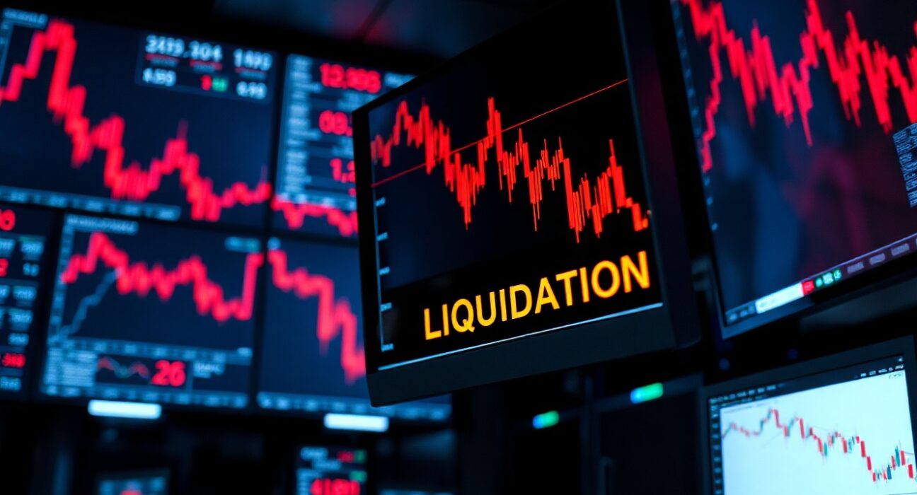Trading screens showing red candlestick charts and falling liquidation numbers in a dimly lit server room.