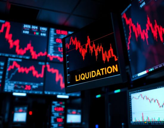 Trading screens showing red candlestick charts and falling liquidation numbers in a dimly lit server room.