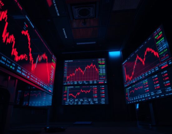 Dimly lit trading floor with red candlestick charts showing cryptocurrency market crash and liquidation data on multiple screens.