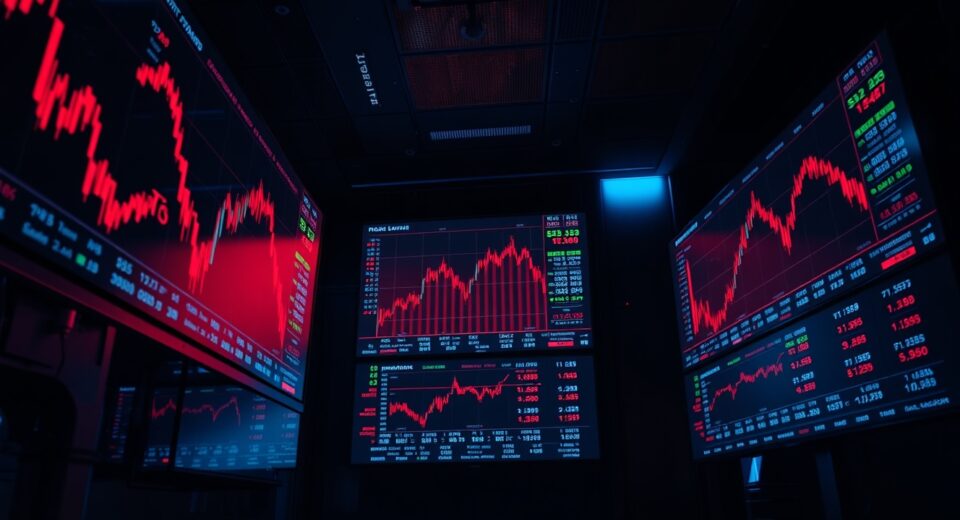 Dimly lit trading floor with red candlestick charts showing cryptocurrency market crash and liquidation data on multiple screens.