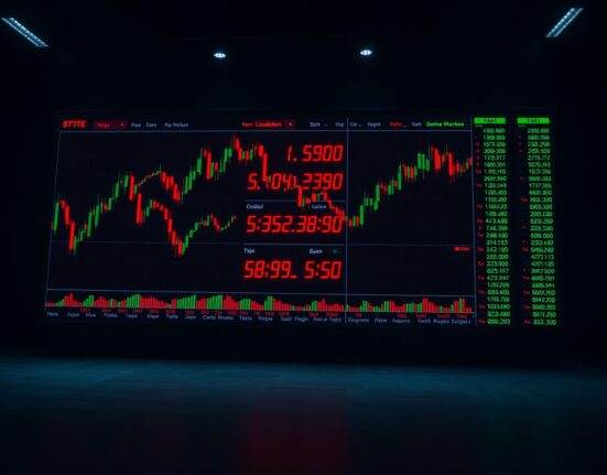 Digital trading dashboard showing red liquidation data and crypto charts