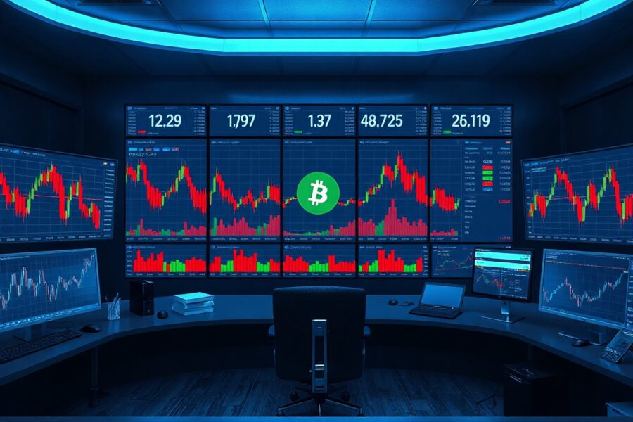 Digital trading dashboard showing cryptocurrency liquidation data with red and green bars