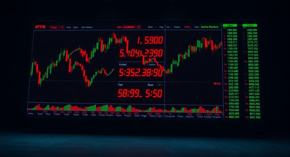Digital trading dashboard showing red liquidation data and crypto charts