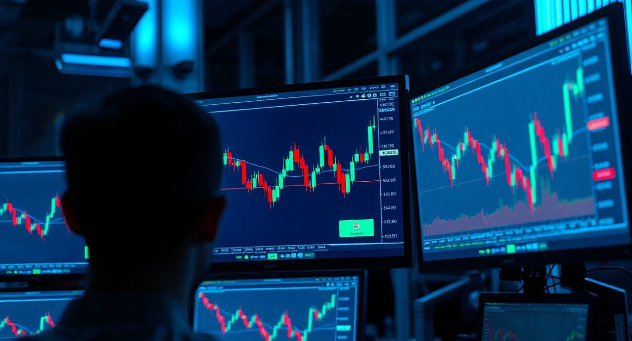 Professional trading desk with monitors showing crypto futures liquidation data and price charts