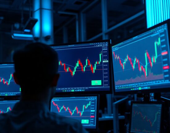 Professional trading desk with monitors showing crypto futures liquidation data and price charts