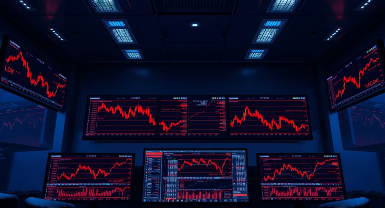 Trading monitors displaying red candlestick charts and liquidation data in a dimly lit financial control room