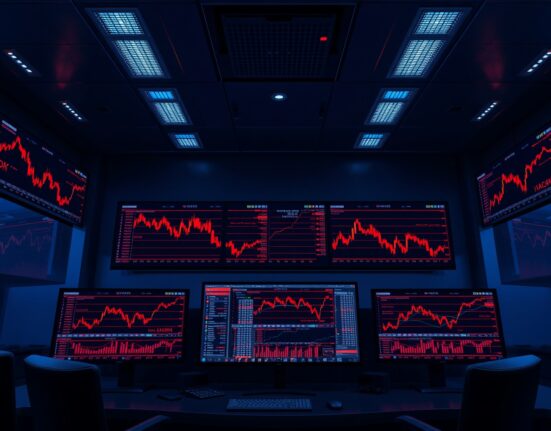 Trading monitors displaying red candlestick charts and liquidation data in a dimly lit financial control room