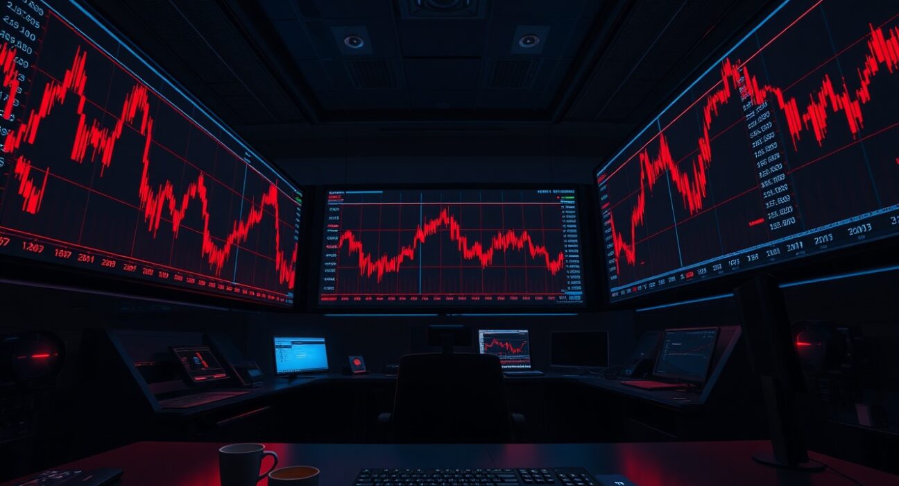 Red candlestick charts on monitors in a dark trading room indicating crypto market liquidation event
