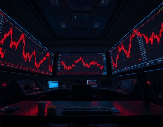 Red candlestick charts on monitors in a dark trading room indicating crypto market liquidation event