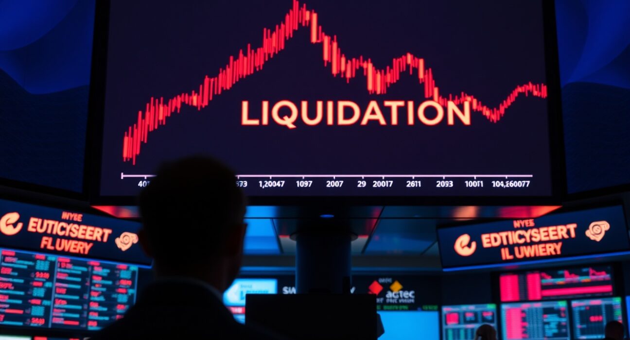 Trading screen showing red candlestick chart with liquidation data on a dimly lit trading floor