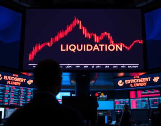 Trading screen showing red candlestick chart with liquidation data on a dimly lit trading floor