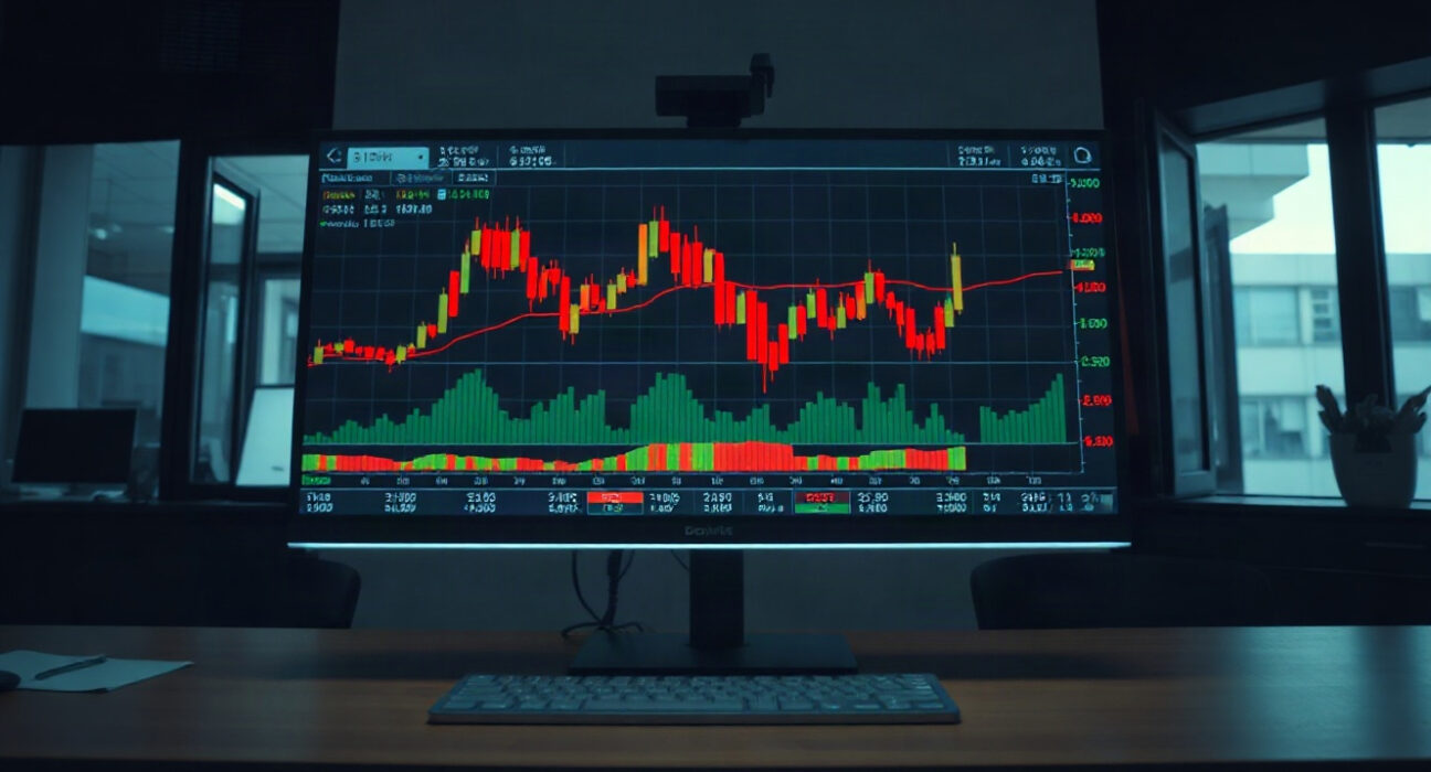 Digital trading screen showing crypto futures liquidation charts and red candlesticks