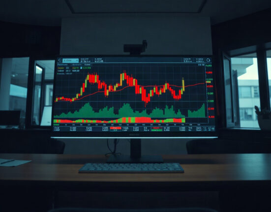 Digital trading screen showing crypto futures liquidation charts and red candlesticks
