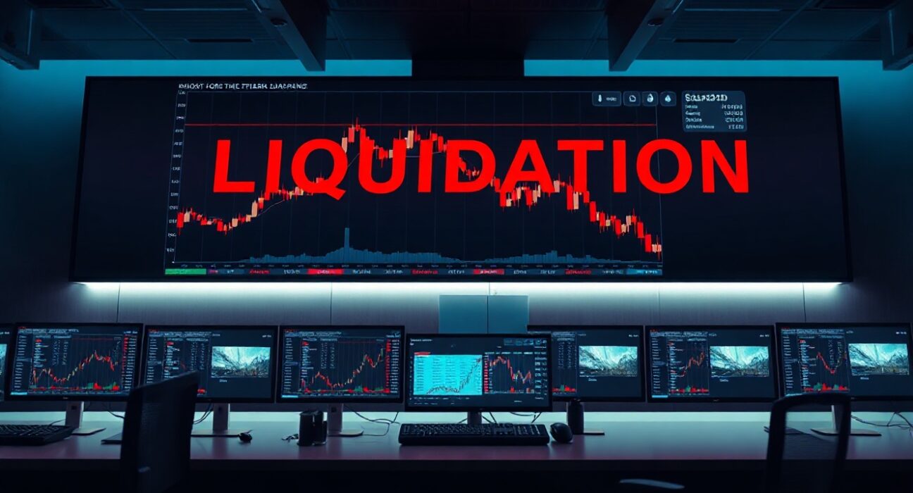 Trading screen showing crypto liquidation data with red candlestick charts for Bitcoin, Ethereum, and Solana.