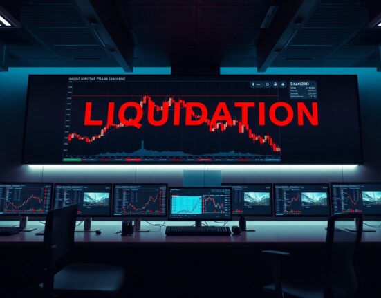 Trading screen showing crypto liquidation data with red candlestick charts for Bitcoin, Ethereum, and Solana.