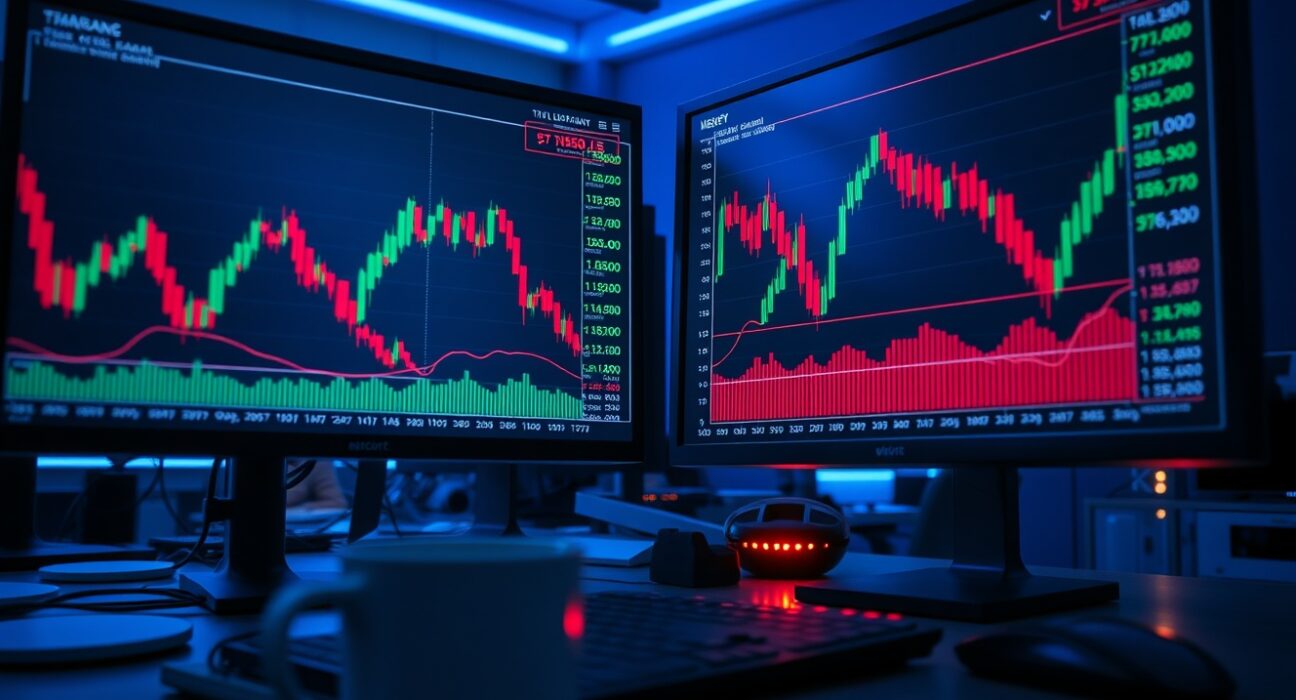 Trading desk monitors showing crypto liquidation data and price charts