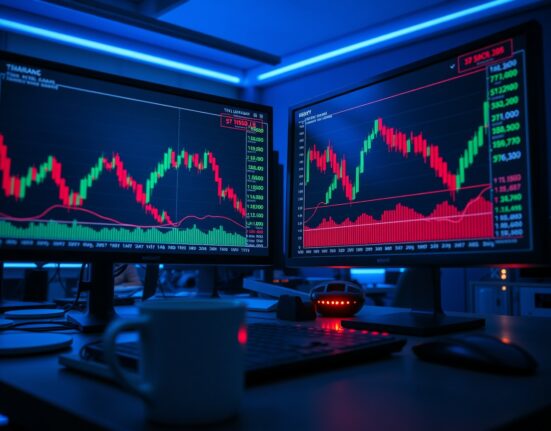 Trading desk monitors showing crypto liquidation data and price charts
