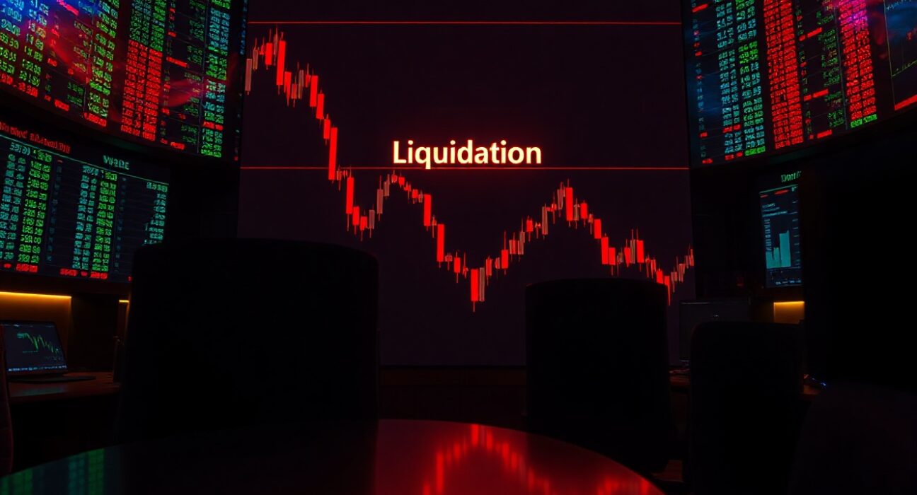 Trading screen showing a sharp red candlestick chart and a liquidation warning during a crypto market sell-off.