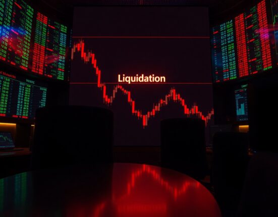 Trading screen showing a sharp red candlestick chart and a liquidation warning during a crypto market sell-off.