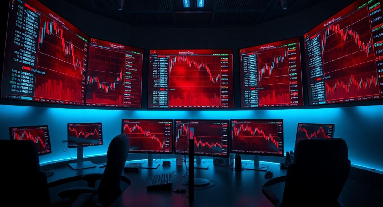 Trading desk monitors showing crypto liquidation data and red candlestick charts
