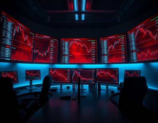 Trading desk monitors showing crypto liquidation data and red candlestick charts