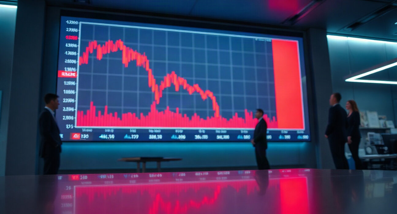 Trading screen showing a sharp downward candlestick chart in a dim office, symbolizing crypto futures liquidations.